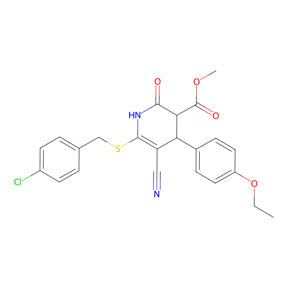 Methyl 6-((4-chlorobenzyl)thio)-5-cyano-4-(4-ethoxyphenyl)-2-oxo-1,2,3,4-tetrahydropyridine-3-carboxylate molecular structure, CAS 370851-03-9