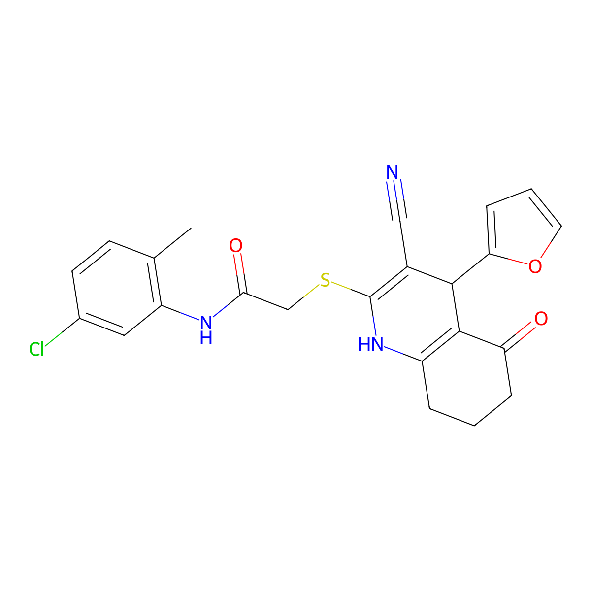 N-(5-chloro-2-methylphenyl)-2-{[3-cyano-4-(furan-2-yl)-5-oxo-1,4,5,6,7,8-hexahydroquinolin-2-yl]sulfanyl}acetamide molecular structure, CAS 370851-26-6