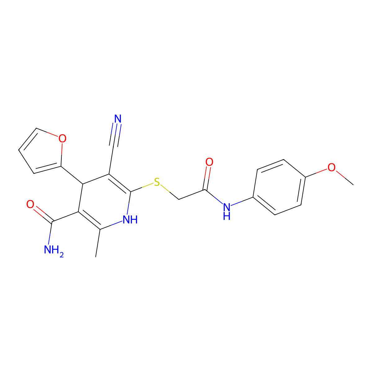 5-Cyano-4-(furan-2-yl)-6-((2-((4-methoxyphenyl)amino)-2-oxoethyl)thio)-2-methyl-1,4-dihydropyridine-3-carboxamide molecular structure, CAS 370851-39-1