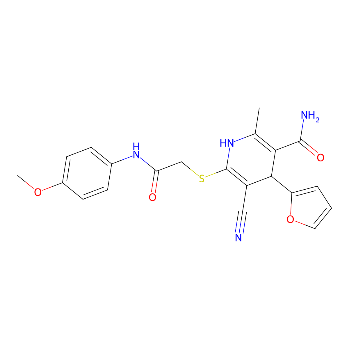 5-Cyano-4-(furan-2-yl)-6-((2-((4-methoxyphenyl)amino)-2-oxoethyl)thio)-2-methyl-1,4-dihydropyridine-3-carboxamide molecular structure, CAS 370851-39-1
