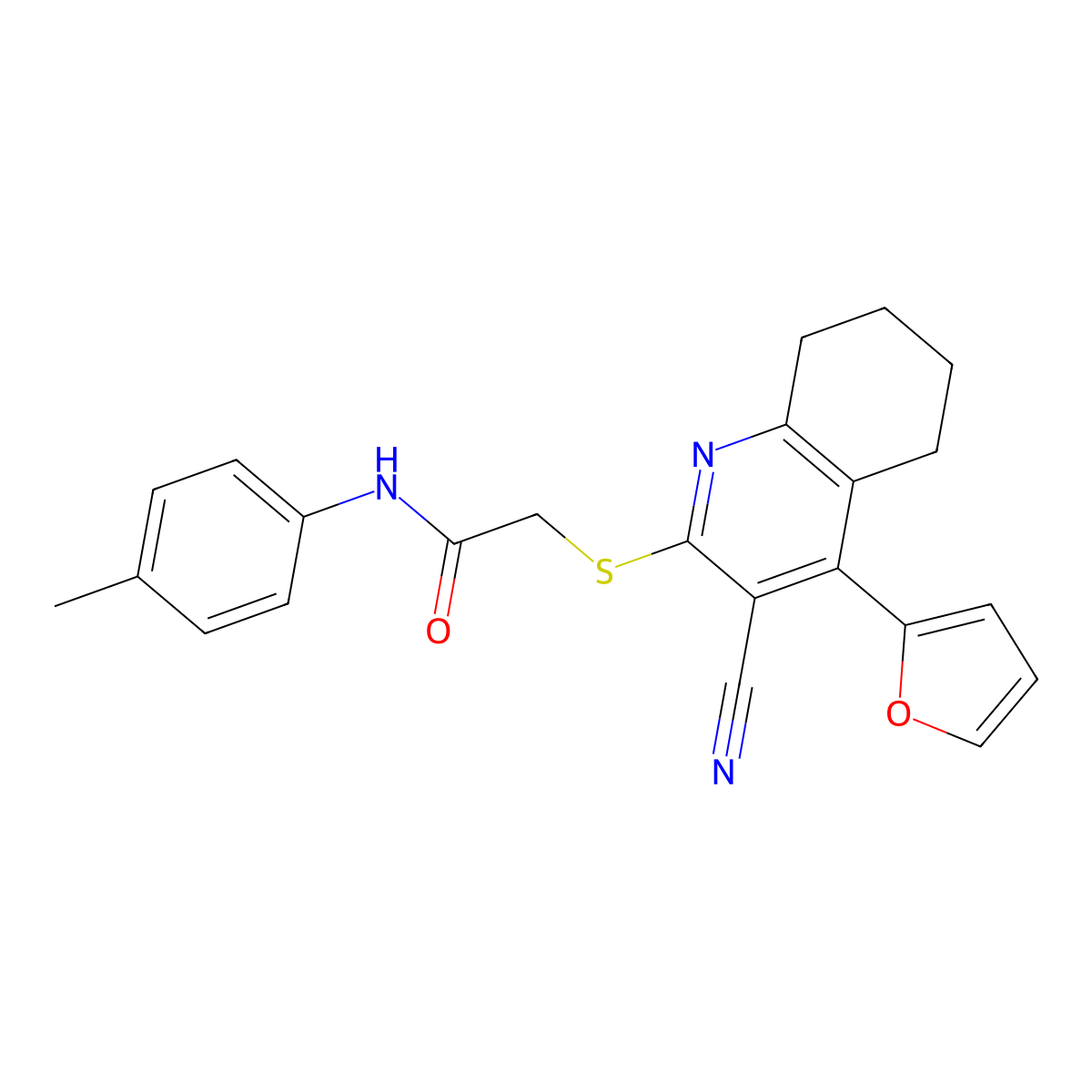 2-[[3-cyano-4-(furan-2-yl)-5,6,7,8-tetrahydroquinolin-2-yl]sulfanyl]-N-(4-methylphenyl)acetamide molecular structure, CAS 370851-66-4