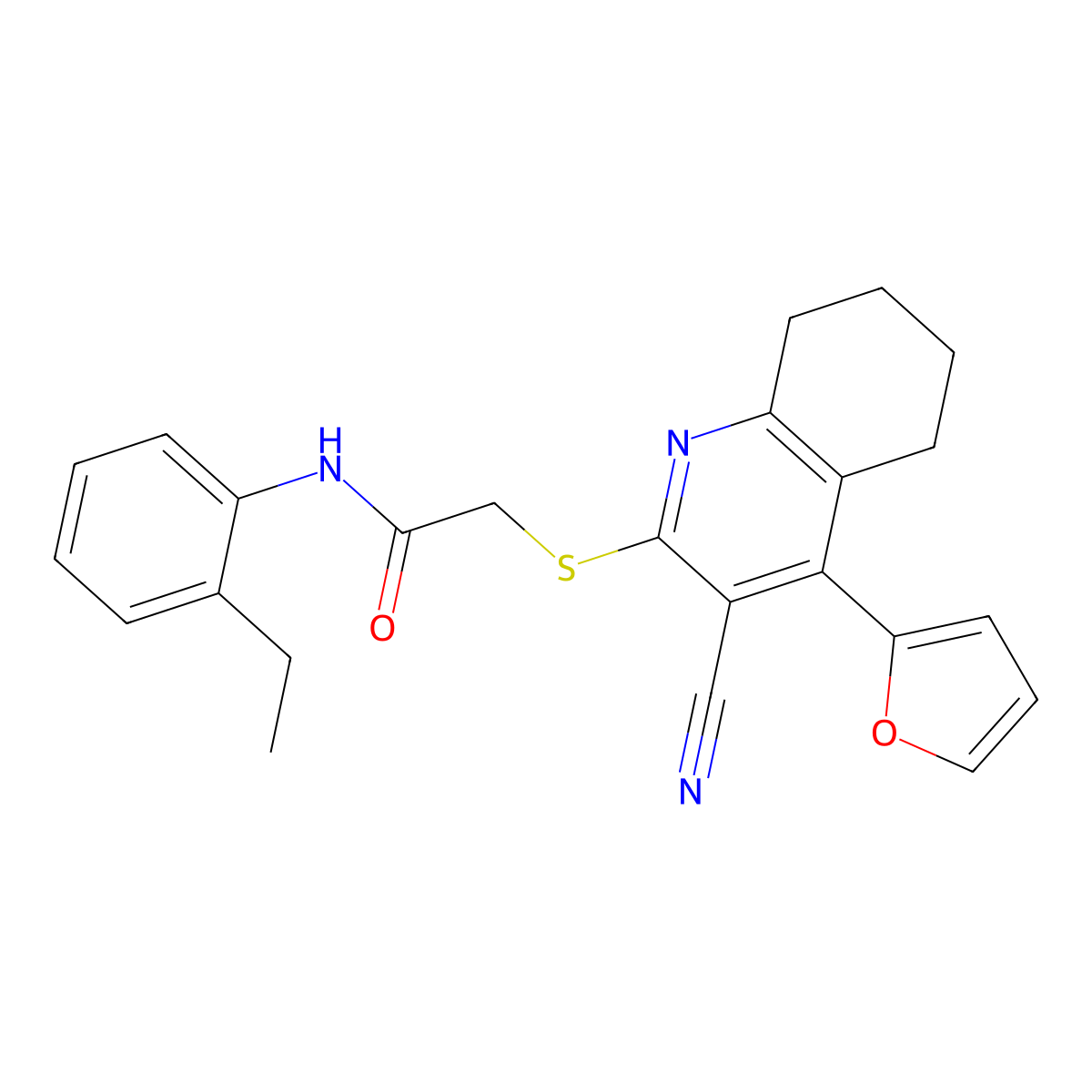 2-[[3-cyano-4-(furan-2-yl)-5,6,7,8-tetrahydroquinolin-2-yl]sulfanyl]-N-(2-ethylphenyl)acetamide molecular structure, CAS 370851-88-0