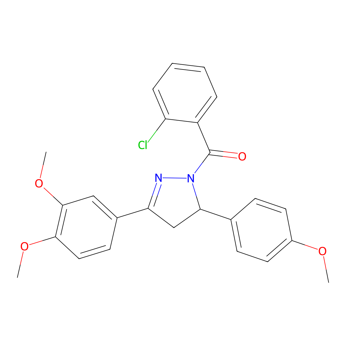 (2-Chlorophenyl)-[5-(3,4-dimethoxyphenyl)-3-(4-methoxyphenyl)-3,4-dihydropyrazol-2-yl]methanone molecular structure, CAS 370852-05-4
