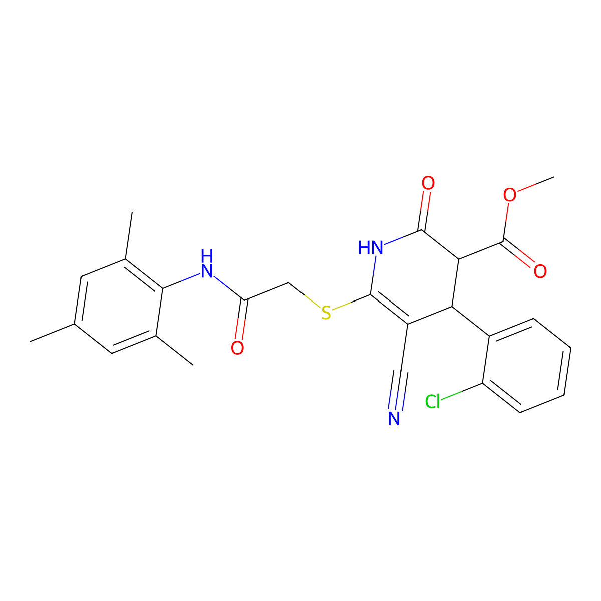 Methyl 4-(2-chlorophenyl)-5-cyano-2-hydroxy-6-({2-oxo-2-[(2,4,6-trimethylphenyl)amino]ethyl}sulfanyl)-3,4-dihydropyridine-3-carboxylate molecular structure, CAS 370852-24-7
