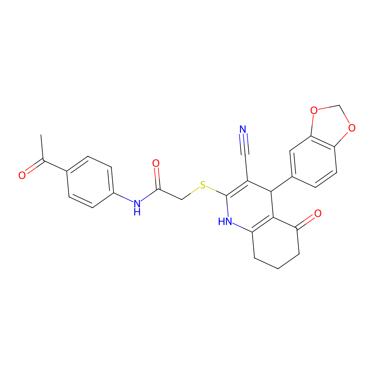 N-(4-acetylphenyl)-2-{[4-(1,3-benzodioxol-5-yl)-3-cyano-5-hydroxy-4,6,7,8-tetrahydroquinolin-2-yl]sulfanyl}acetamide molecular structure, CAS 370852-31-6