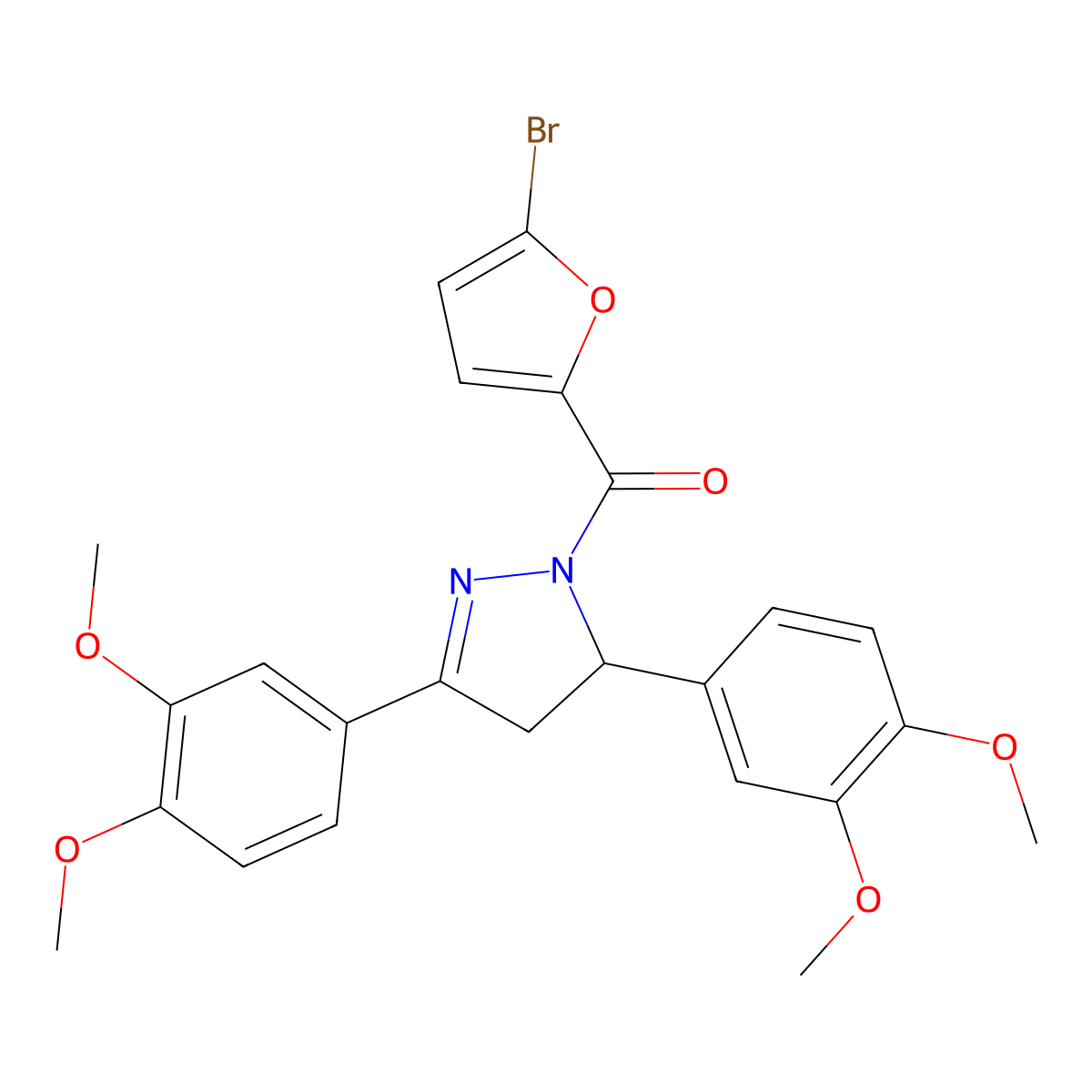 (3,5-bis(3,4-dimethoxyphenyl)-4,5-dihydro-1H-pyrazol-1-yl)(5-bromofuran-2-yl)methanone molecular structure, CAS 370852-34-9