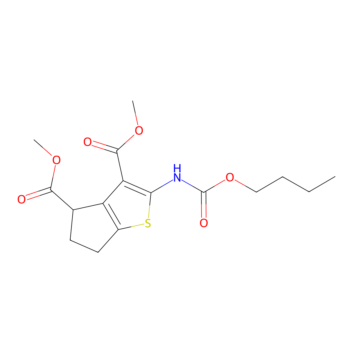 dimethyl 2-[(butoxycarbonyl)amino]-5,6-dihydro-4H-cyclopenta[b]thiophene-3,4-dicarboxylate molecular structure, CAS 370852-42-9