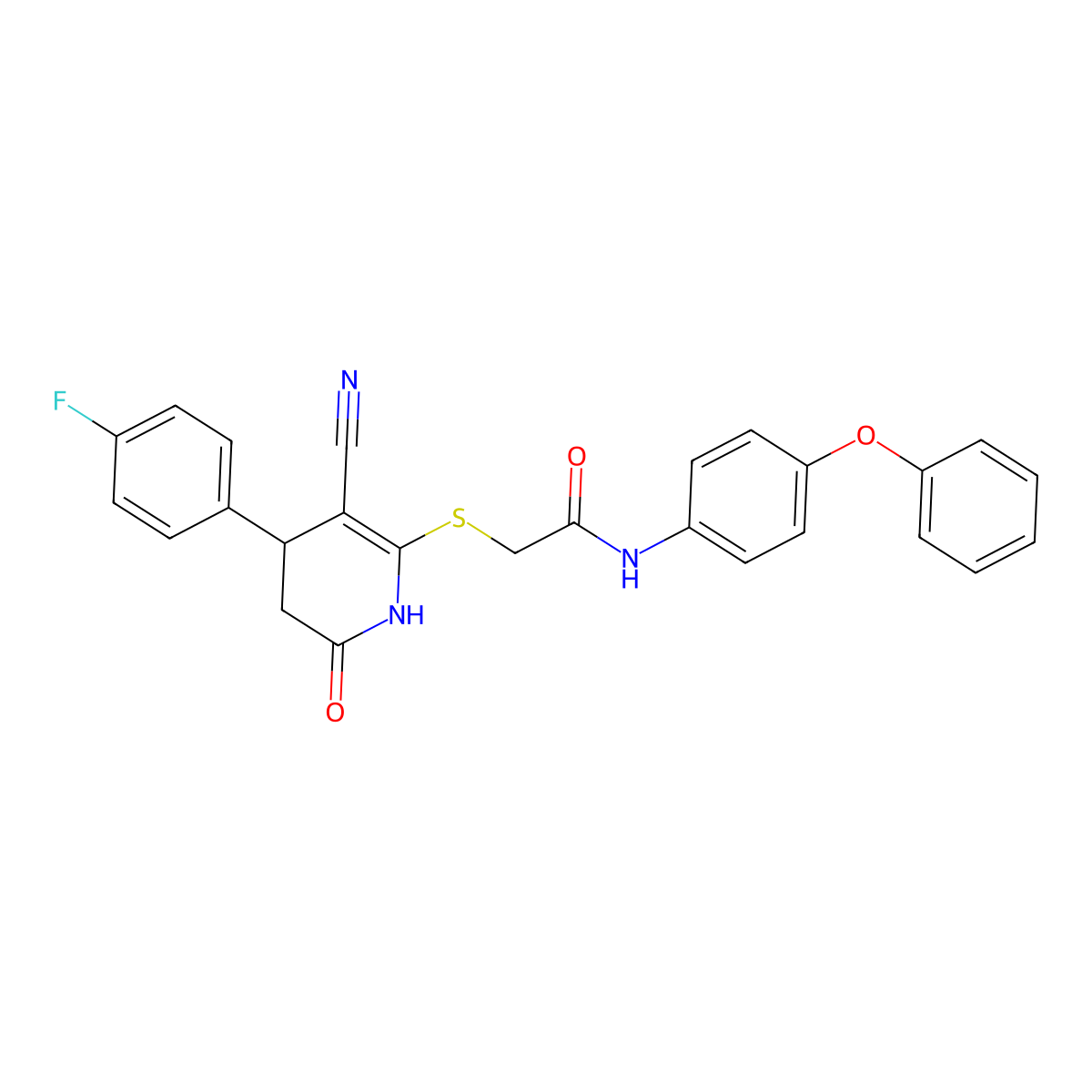 2-[[5-cyano-4-(4-fluorophenyl)-2-oxo-3,4-dihydro-1H-pyridin-6-yl]sulfanyl]-N-(4-phenoxyphenyl)acetamide molecular structure, CAS 370852-64-5