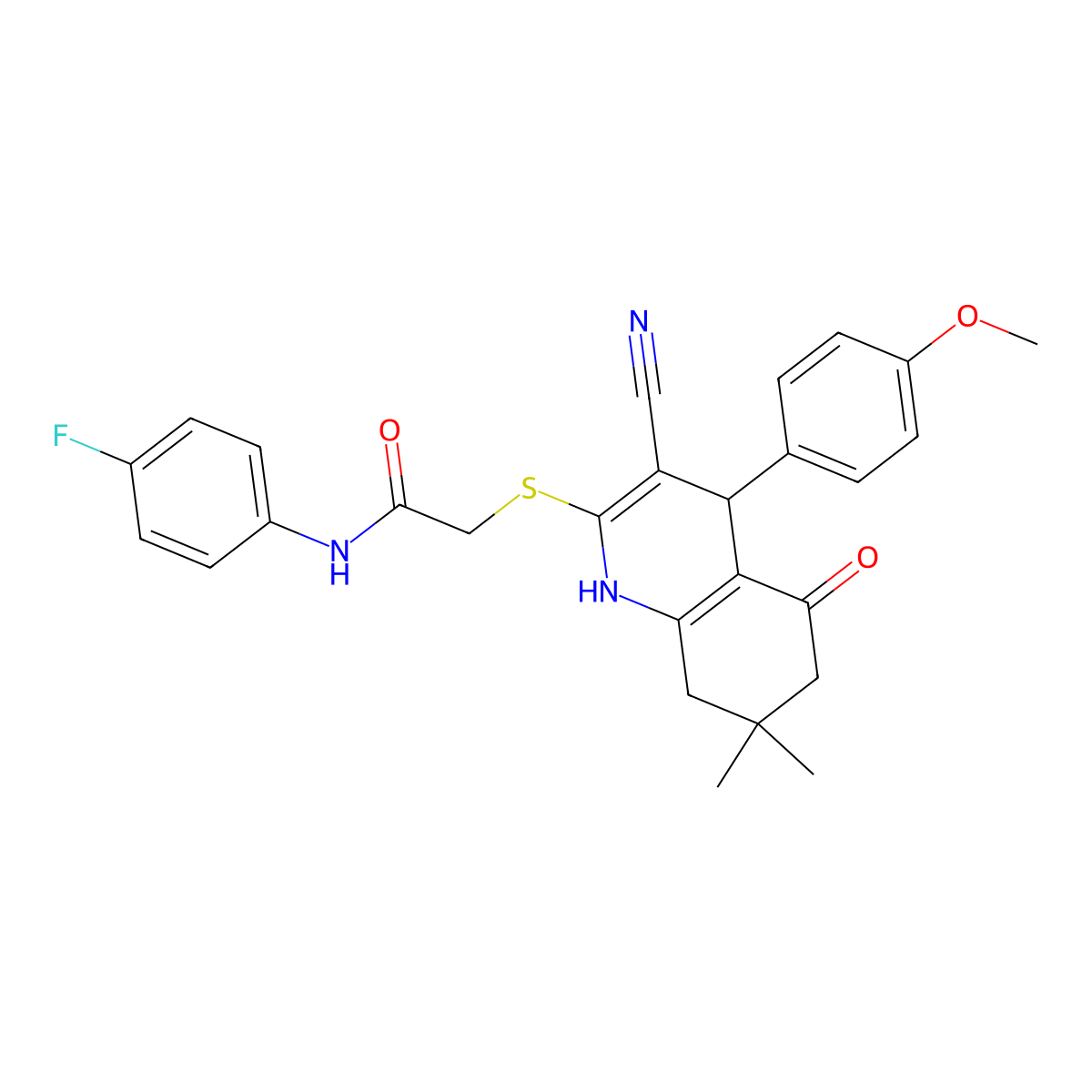 2-{[3-cyano-4-(4-methoxyphenyl)-7,7-dimethyl-5-oxo-1,4,5,6,7,8-hexahydroquinolin-2-yl]sulfanyl}-N-(4-fluorophenyl)acetamide molecular structure, CAS 370852-97-4