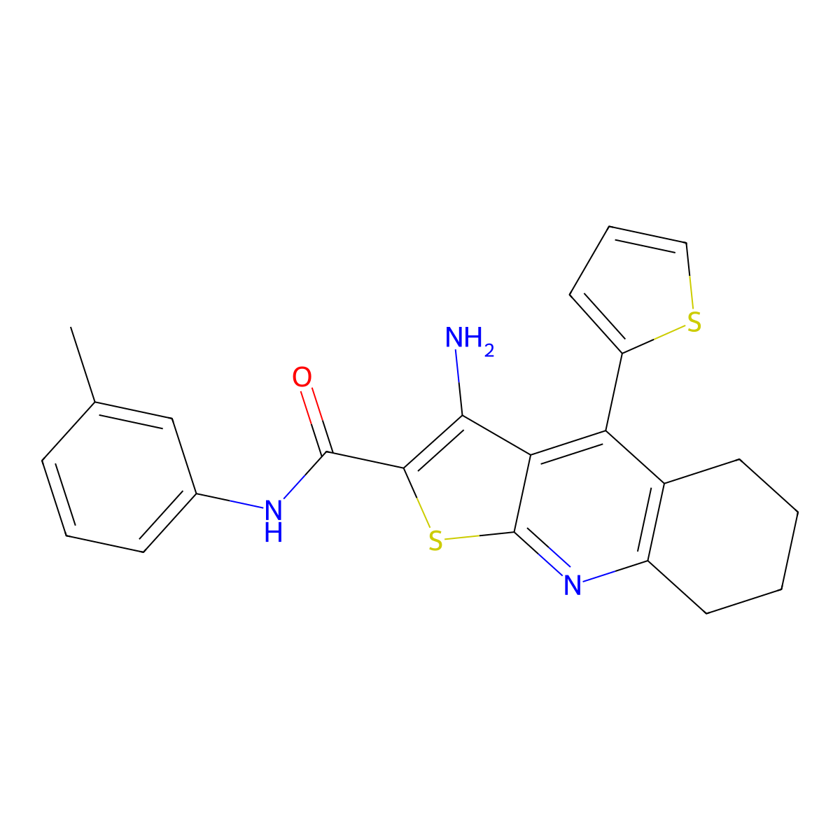 3-amino-4-(thiophen-2-yl)-N-(m-tolyl)-5,6,7,8-tetrahydrothieno[2,3-b]quinoline-2-carboxamide molecular structure, CAS 370853-04-6