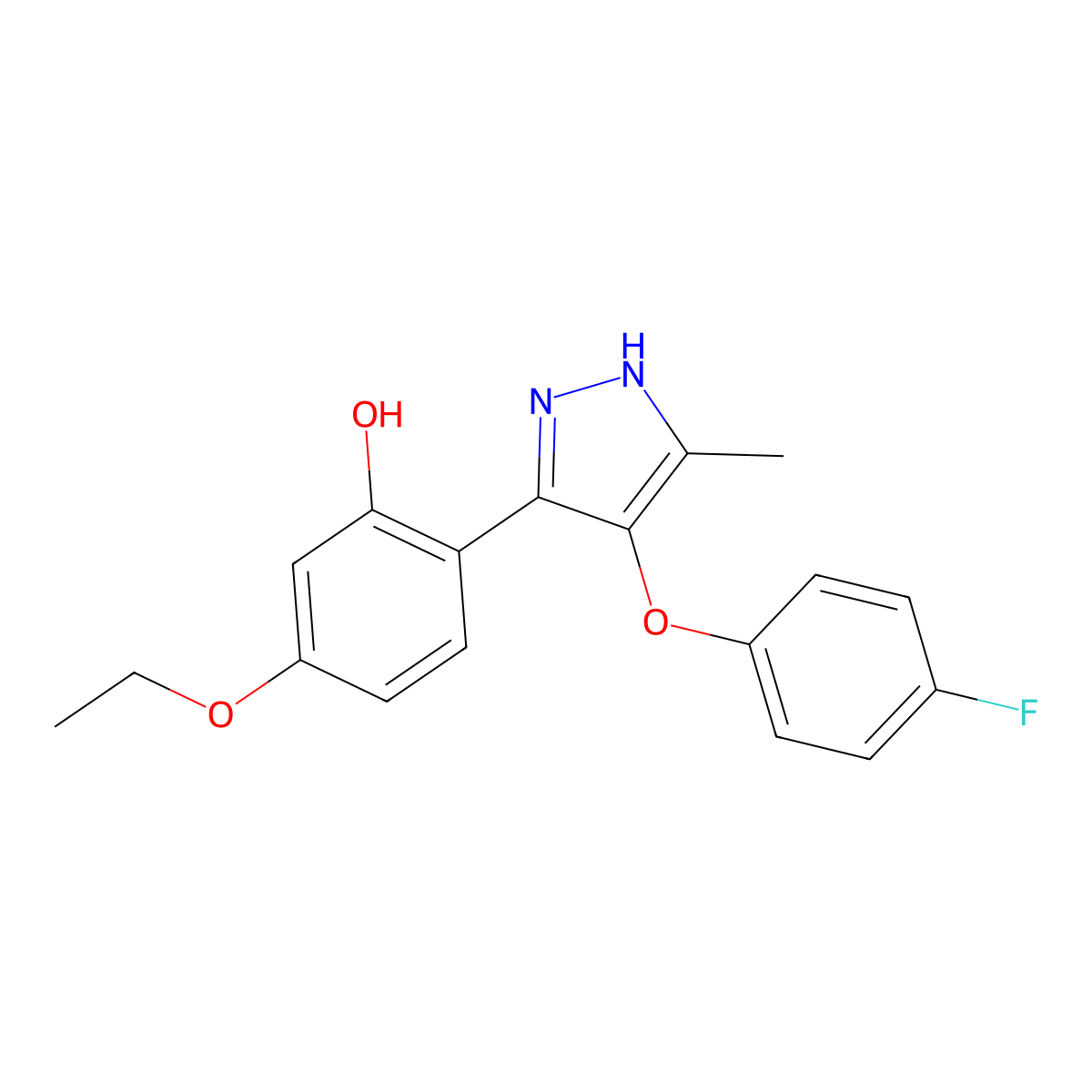 5-Ethoxy-2-(4-(4-fluorophenoxy)-5-methyl-1H-pyrazol-3-yl)phenol molecular structure, CAS 370853-17-1