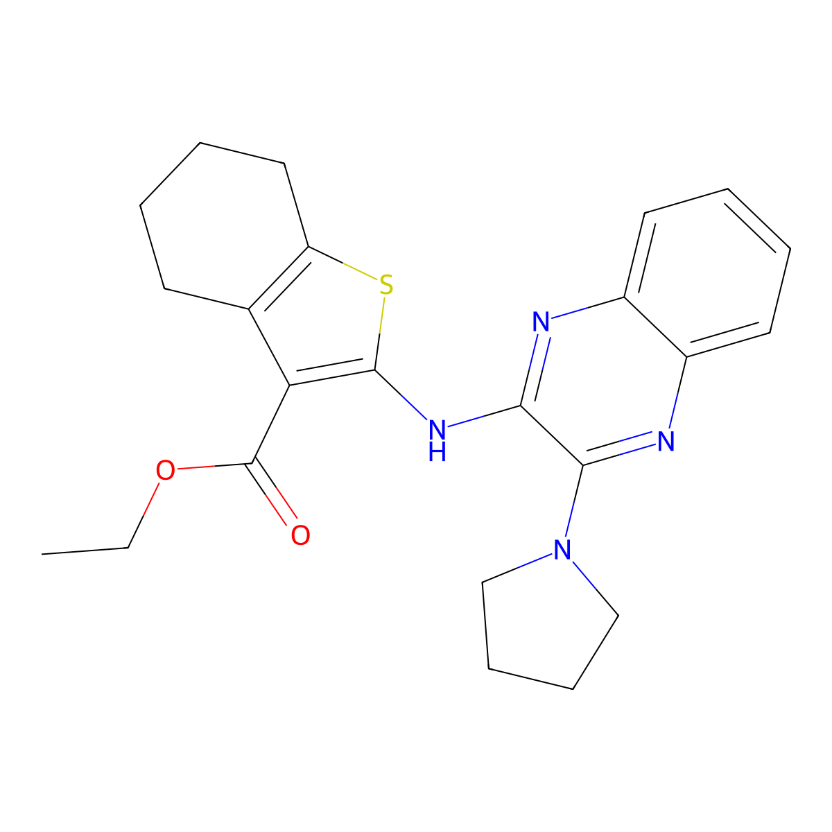 Ethyl 2-{[3-(pyrrolidin-1-yl)quinoxalin-2-yl]amino}-4,5,6,7-tetrahydro-1-benzothiophene-3-carboxylate molecular structure, CAS 370853-30-8