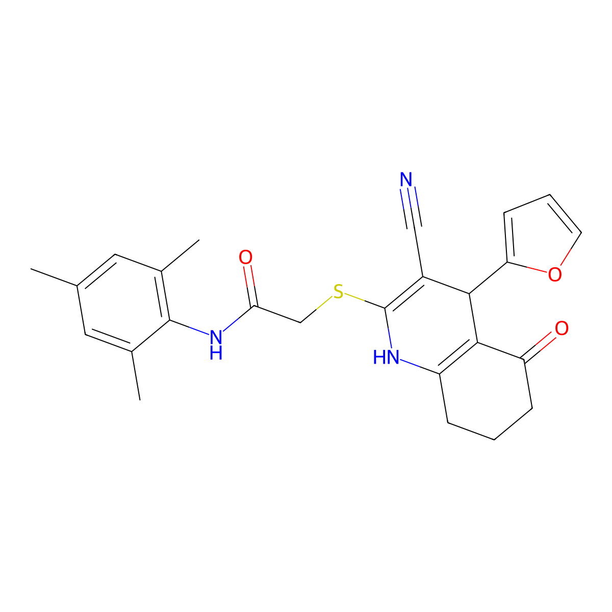 2-((3-cyano-4-(furan-2-yl)-5-oxo-1,4,5,6,7,8-hexahydroquinolin-2-yl)thio)-N-mesitylacetamide molecular structure, CAS 370853-31-9
