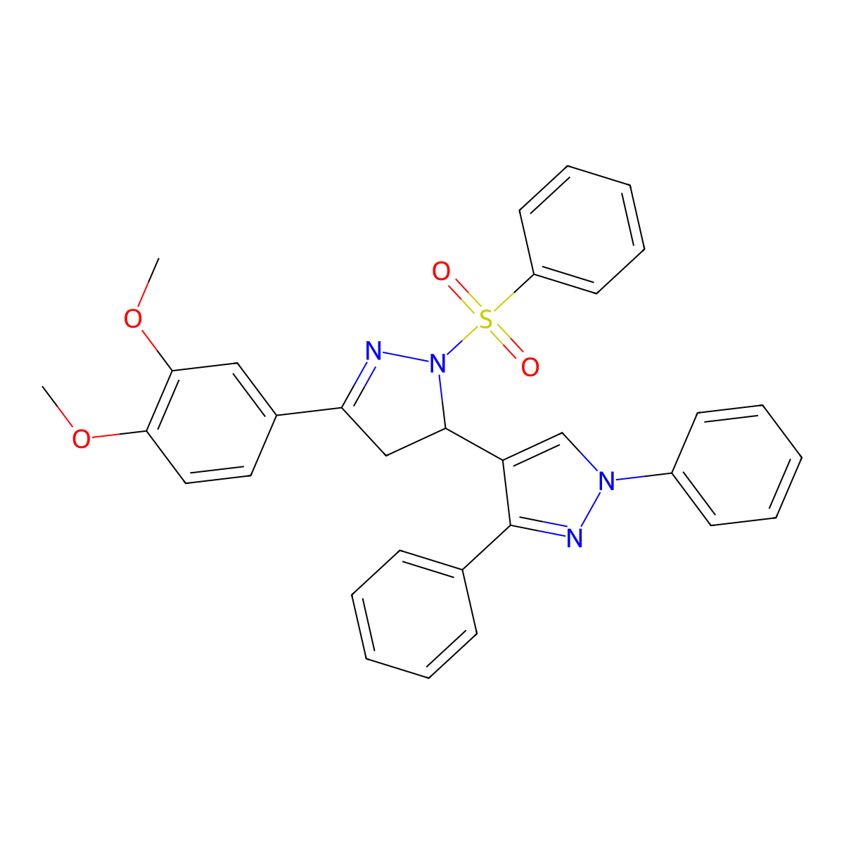 4-[2-(Benzenesulfonyl)-5-(3,4-dimethoxyphenyl)-3,4-dihydropyrazol-3-yl]-1,3-diphenylpyrazole molecular structure, CAS 370853-47-7