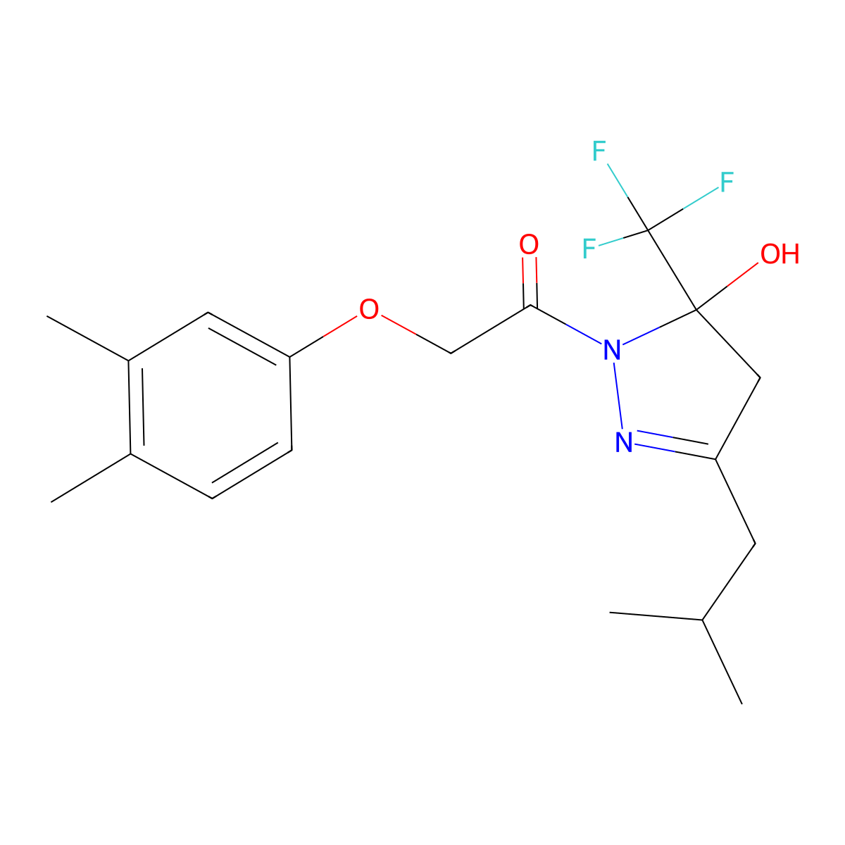 2-(3,4-dimethylphenoxy)-1-[5-hydroxy-3-(2-methylpropyl)-5-(trifluoromethyl)-4H-pyrazol-1-yl]ethanone molecular structure, CAS 370853-84-2