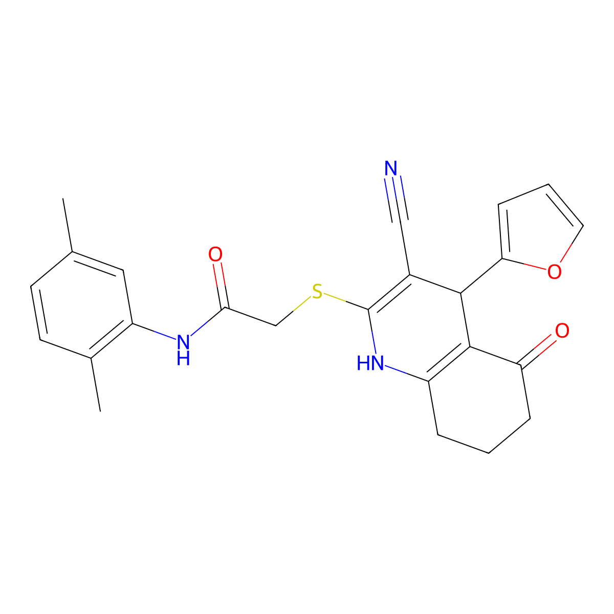 2-((3-cyano-4-(furan-2-yl)-5-oxo-1,4,5,6,7,8-hexahydroquinolin-2-yl)thio)-N-(2,5-dimethylphenyl)acetamide molecular structure, CAS 370853-92-2