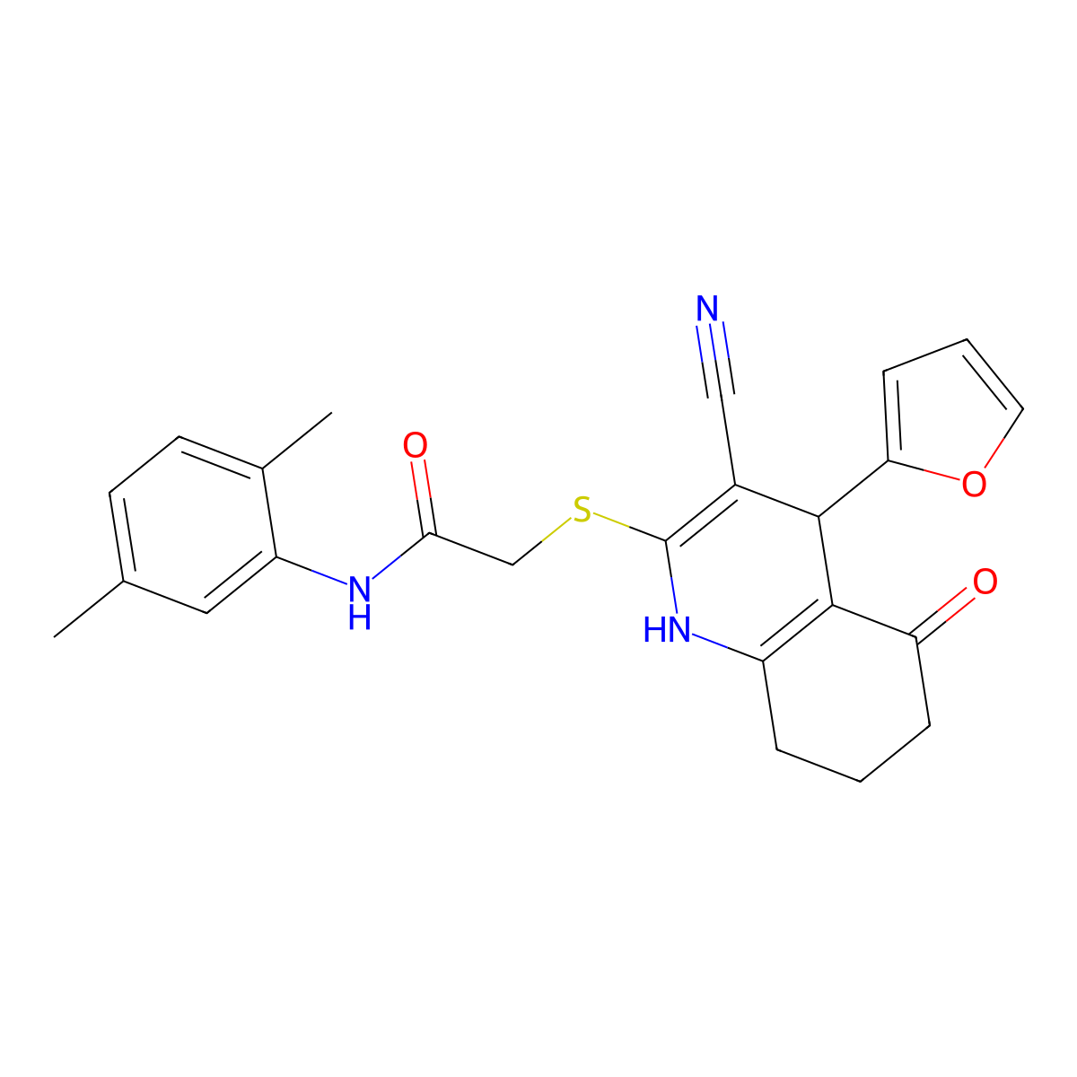 2-((3-cyano-4-(furan-2-yl)-5-oxo-1,4,5,6,7,8-hexahydroquinolin-2-yl)thio)-N-(2,5-dimethylphenyl)acetamide molecular structure, CAS 370853-92-2