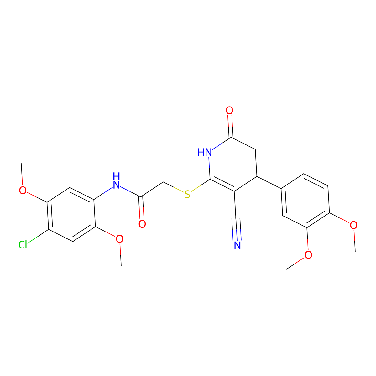 N-(4-chloro-2,5-dimethoxyphenyl)-2-[[5-cyano-4-(3,4-dimethoxyphenyl)-2-oxo-3,4-dihydro-1H-pyridin-6-yl]sulfanyl]acetamide molecular structure, CAS 370853-95-5