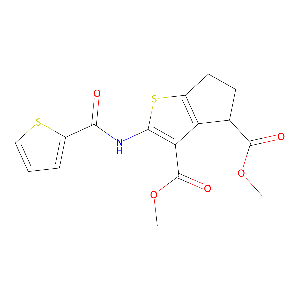 dimethyl 2-[(thiophen-2-ylcarbonyl)amino]-5,6-dihydro-4H-cyclopenta[b]thiophene-3,4-dicarboxylate molecular structure, CAS 370853-99-9