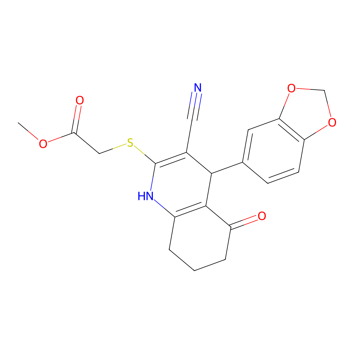 Methyl 2-((4-(benzo[d][1,3]dioxol-5-yl)-3-cyano-5-oxo-1,4,5,6,7,8-hexahydroquinolin-2-yl)thio)acetate molecular structure, CAS 370854-26-5