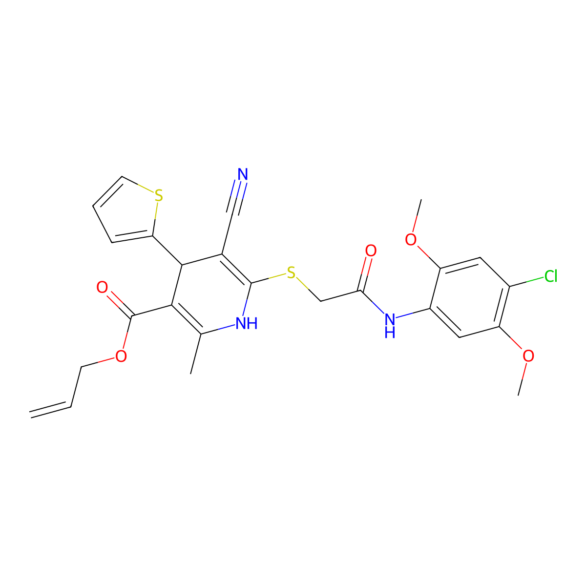 Prop-2-enyl 6-[2-(4-chloro-2,5-dimethoxyanilino)-2-oxoethyl]sulfanyl-5-cyano-2-methyl-4-thiophen-2-yl-1,4-dihydropyridine-3-carboxylate molecular structure, CAS 370854-91-4