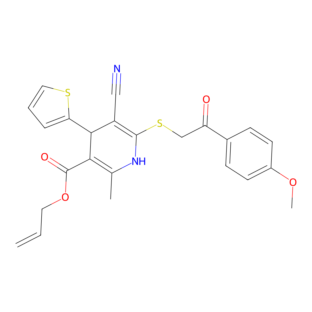 Prop-2-en-1-yl 5-cyano-6-{[2-(4-methoxyphenyl)-2-oxoethyl]sulfanyl}-2-methyl-4-(thiophen-2-yl)-1,4-dihydropyridine-3-carboxylate molecular structure, CAS 370854-95-8