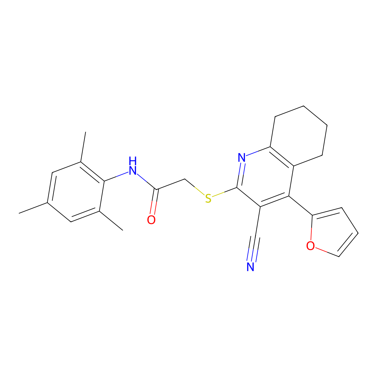 2-[[3-cyano-4-(furan-2-yl)-5,6,7,8-tetrahydroquinolin-2-yl]sulfanyl]-N-(2,4,6-trimethylphenyl)acetamide molecular structure, CAS 370855-13-3