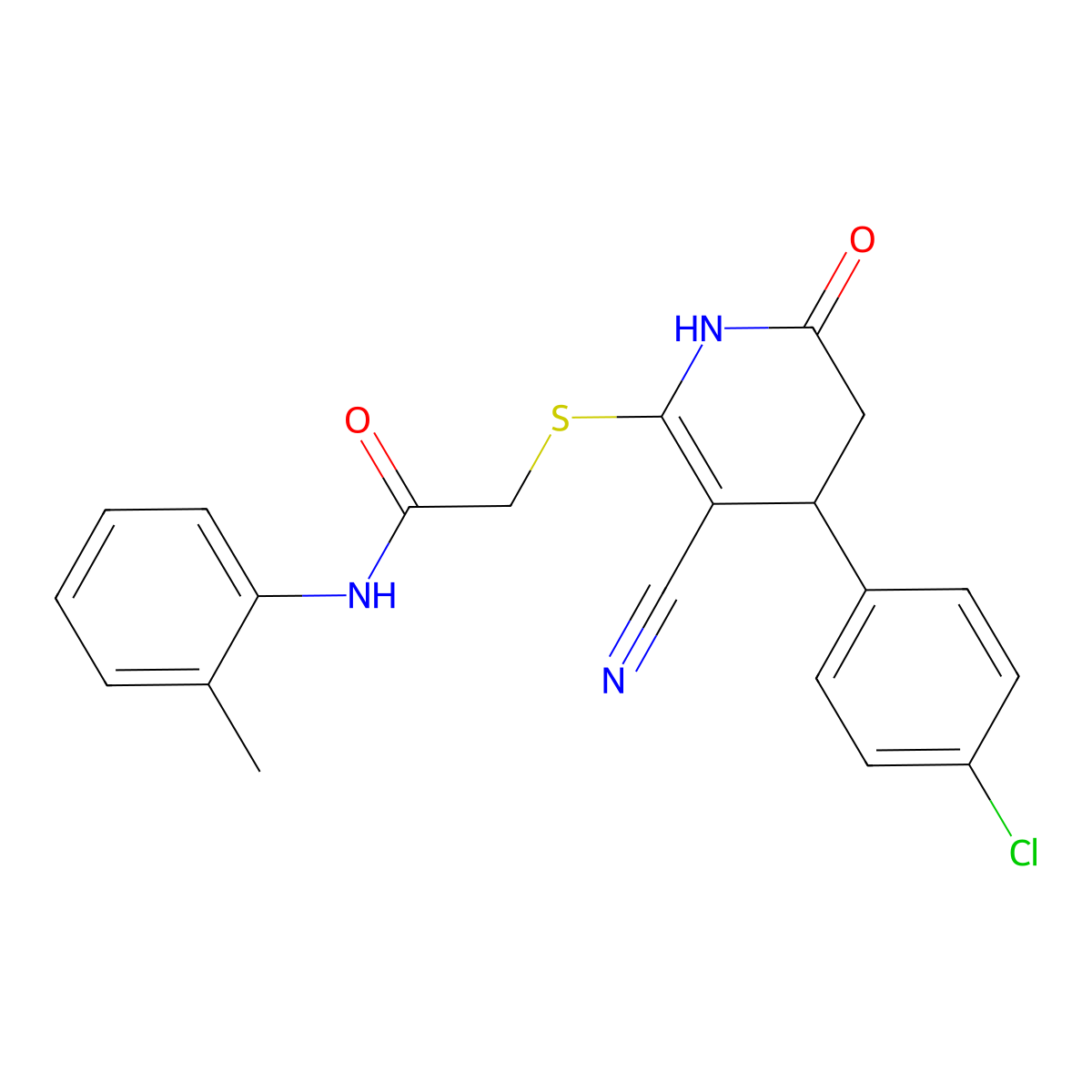 2-{[4-(4-chlorophenyl)-3-cyano-6-oxo-1,4,5,6-tetrahydropyridin-2-yl]sulfanyl}-N-(2-methylphenyl)acetamide molecular structure, CAS 370855-17-7