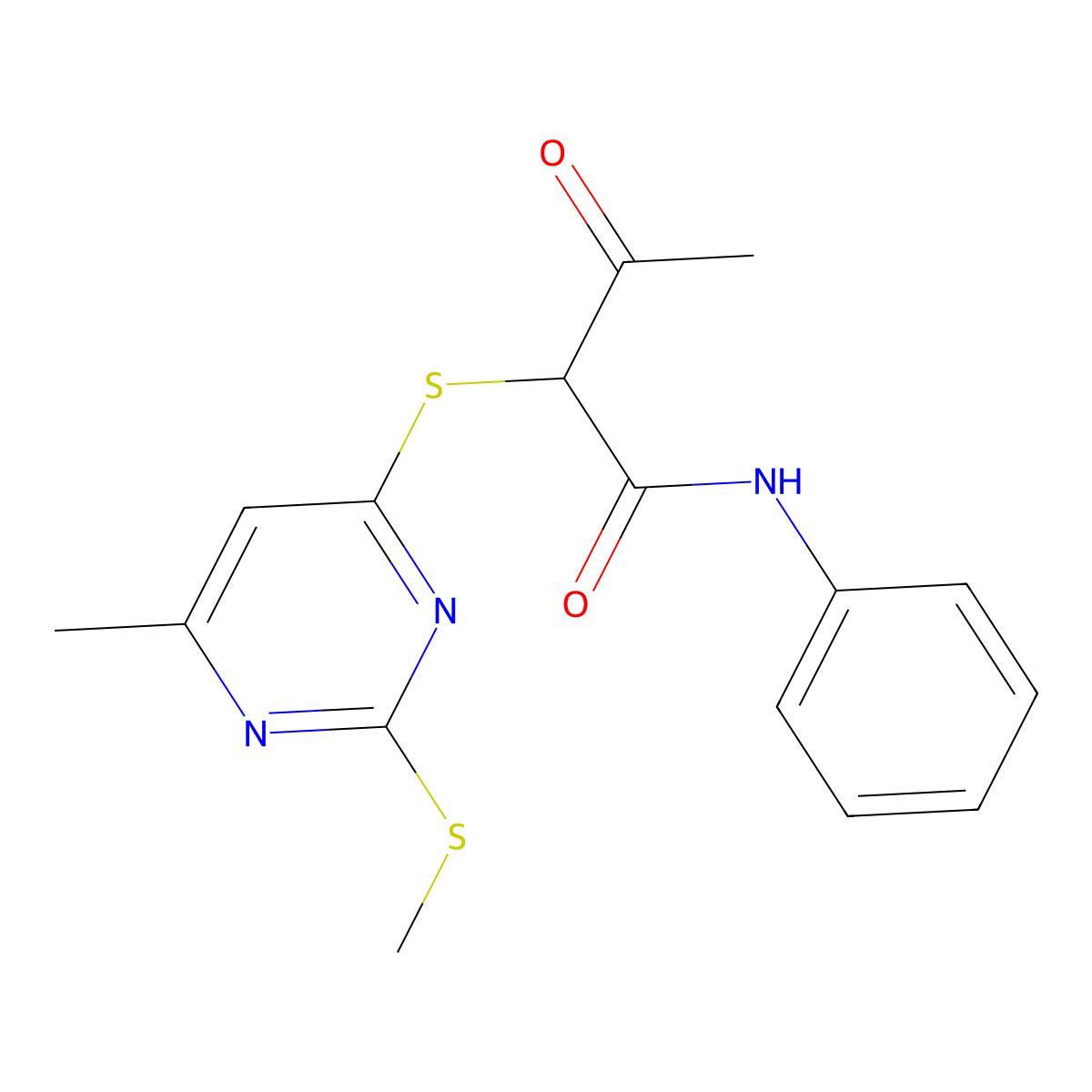 2-(6-methyl-2-methylsulfanylpyrimidin-4-yl)sulfanyl-3-oxo-N-phenylbutanamide molecular structure, CAS 370855-26-8