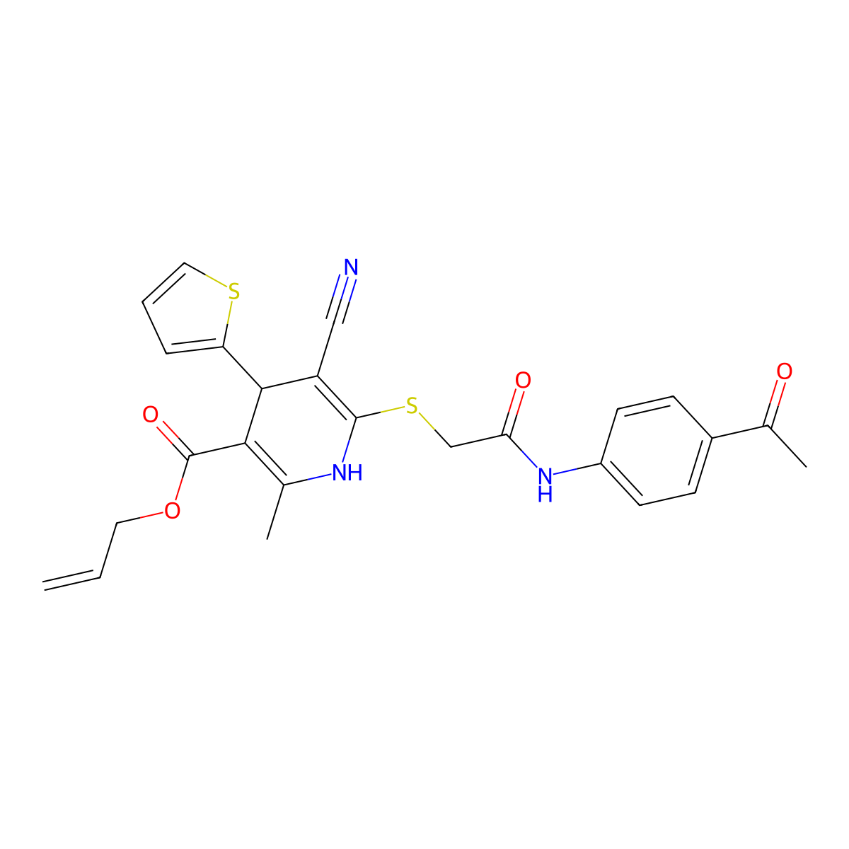 Allyl 6-((2-((4-acetylphenyl)amino)-2-oxoethyl)thio)-5-cyano-2-methyl-4-(thiophen-2-yl)-1,4-dihydropyridine-3-carboxylate molecular structure, CAS 370855-35-9