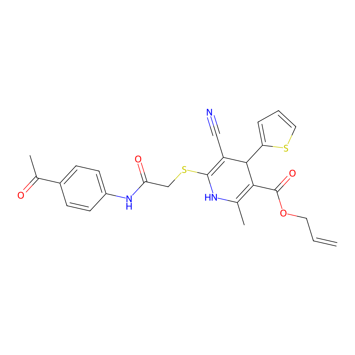 Allyl 6-((2-((4-acetylphenyl)amino)-2-oxoethyl)thio)-5-cyano-2-methyl-4-(thiophen-2-yl)-1,4-dihydropyridine-3-carboxylate molecular structure, CAS 370855-35-9