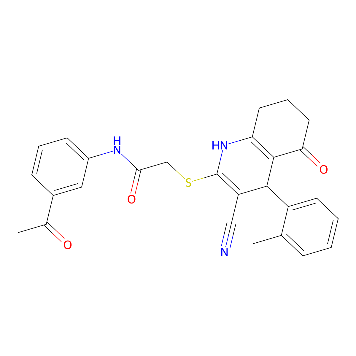 N-(3-acetylphenyl)-2-{[3-cyano-4-(2-methylphenyl)-5-oxo-1,4,5,6,7,8-hexahydroquinolin-2-yl]sulfanyl}acetamide molecular structure, CAS 370855-46-2