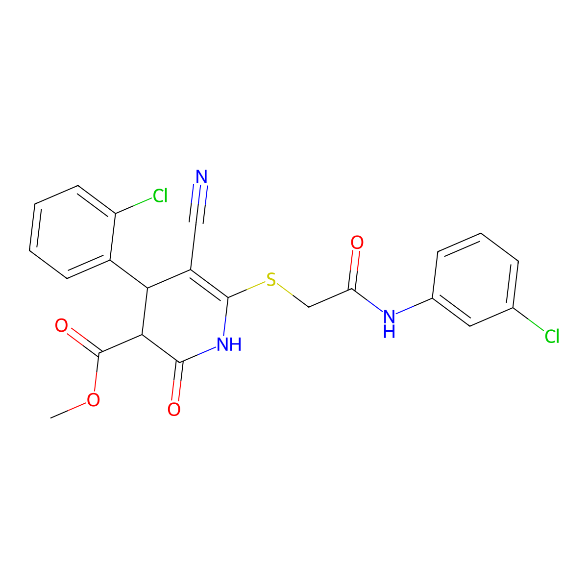 Methyl 4-(2-chlorophenyl)-6-({2-[(3-chlorophenyl)amino]-2-oxoethyl}sulfanyl)-5-cyano-2-hydroxy-3,4-dihydropyridine-3-carboxylate molecular structure, CAS 370855-54-2
