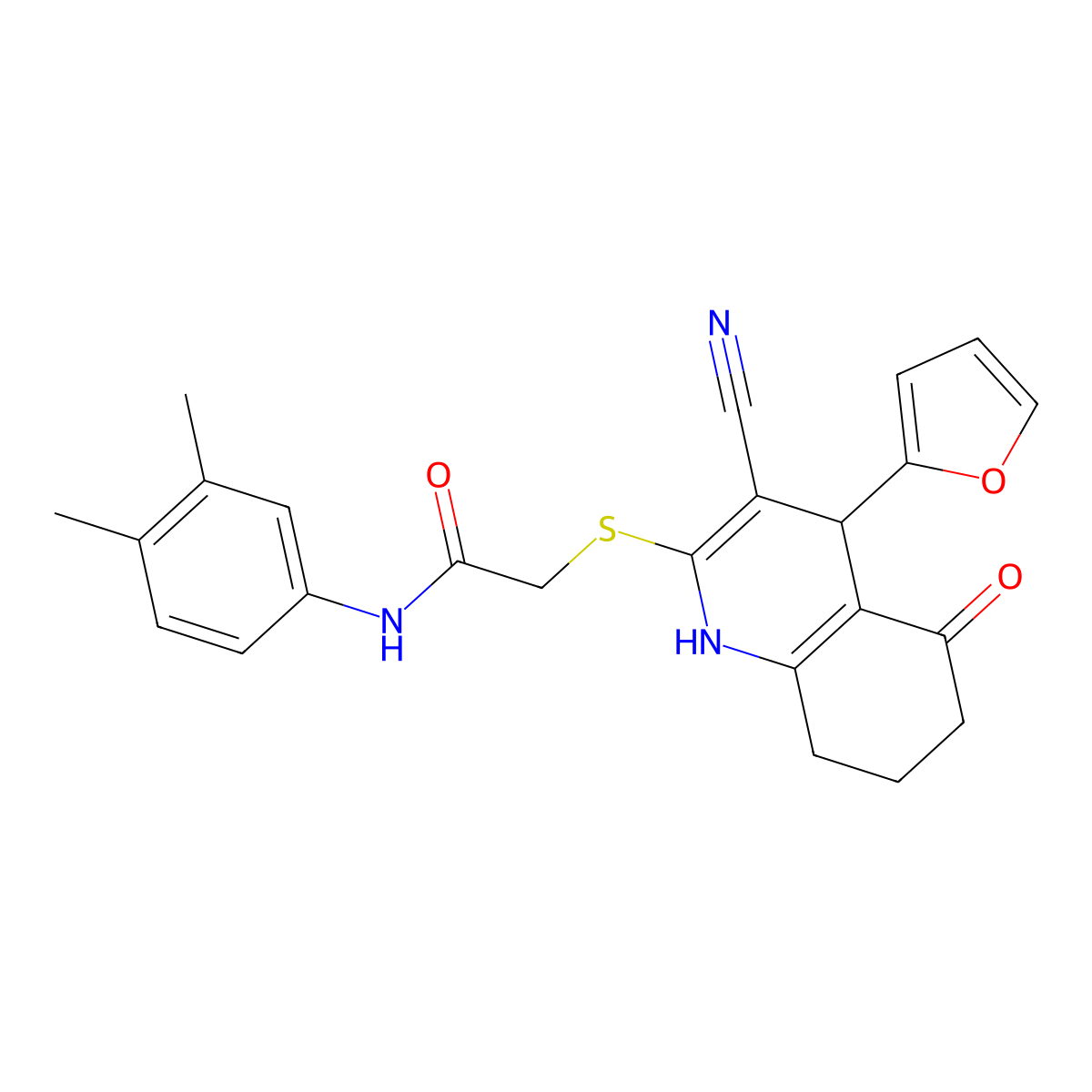 2-{[3-cyano-4-(furan-2-yl)-5-oxo-1,4,5,6,7,8-hexahydroquinolin-2-yl]sulfanyl}-N-(3,4-dimethylphenyl)acetamide molecular structure, CAS 370855-79-1