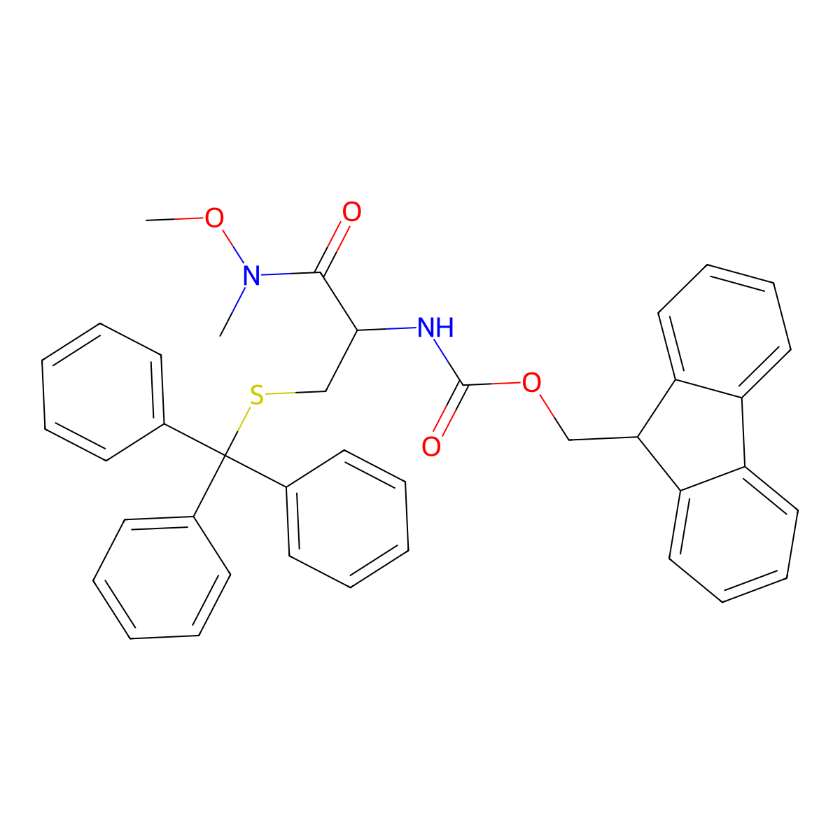 9H-fluoren-9-ylmethyl N-[(1R)-1-[methoxy(methyl)carbamoyl]-2-[(triphenylmethyl)sulfanyl]ethyl]carbamate molecular structure, CAS 370857-83-3
