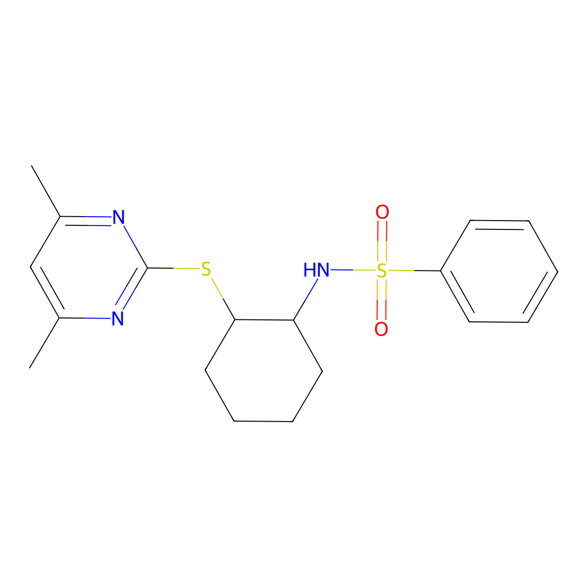N-(2-((4,6-dimethylpyrimidin-2-yl)thio)cyclohexyl)benzenesulfonamide molecular structure, CAS 370869-30-0