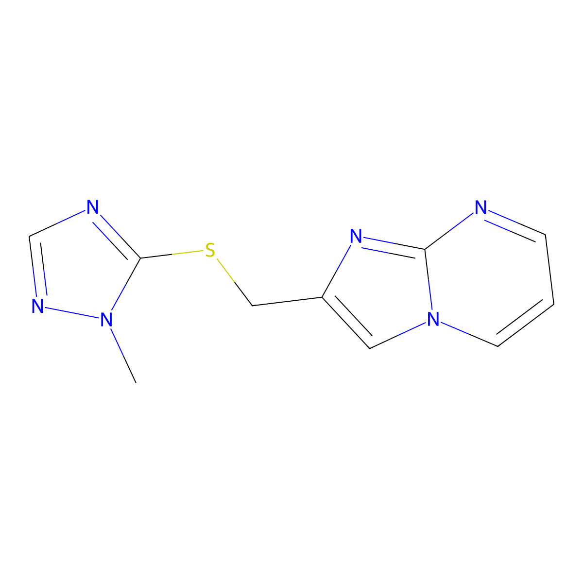 2-(((1-methyl-1H-1,2,4-triazol-5-yl)thio)methyl)imidazo[1,2-a]pyrimidine molecular structure, CAS 370869-50-4