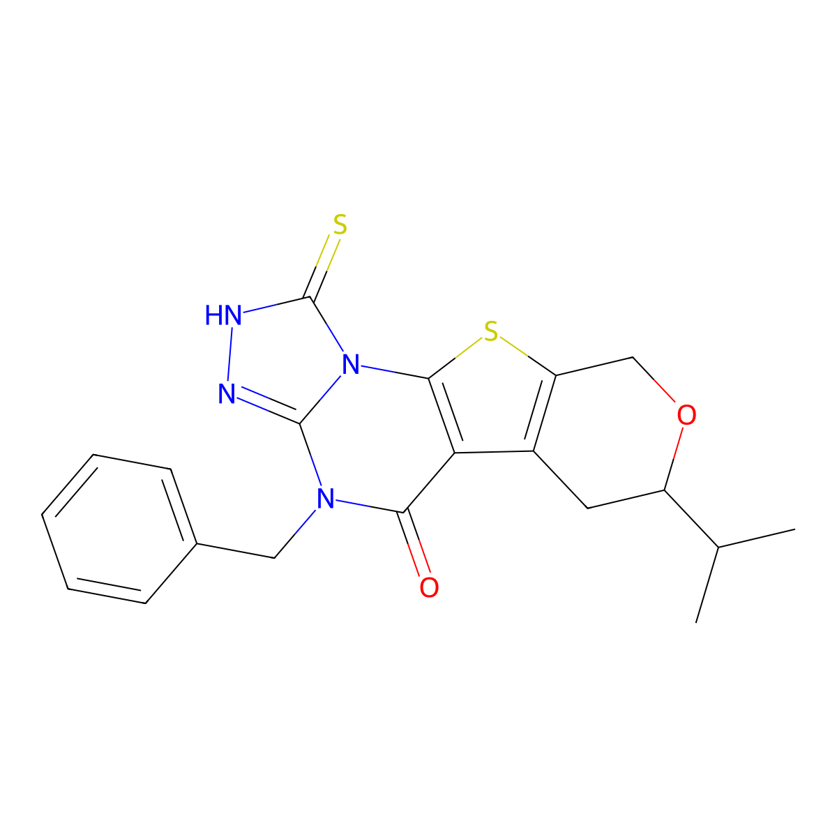 4-benzyl-7-isopropyl-1-mercapto-6,7-dihydro-4H-pyrano[4',3':4,5]thieno[3,2-e][1,2,4]triazolo[4,3-a]pyrimidin-5(9H)-one molecular structure, CAS 370869-69-5