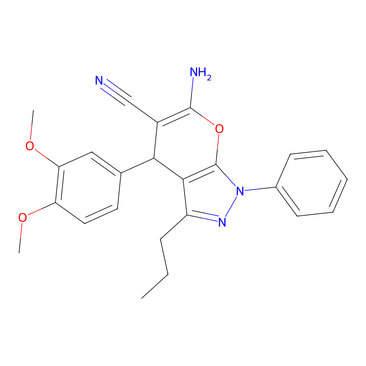 6-Amino-4-(3,4-dimethoxyphenyl)-1-phenyl-3-propyl-1,4-dihydropyrano[2,3-c]pyrazole-5-carbonitrile molecular structure, CAS 370869-73-1