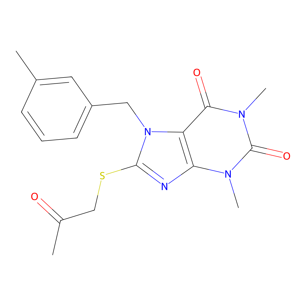 1,3-dimethyl-7-(3-methylbenzyl)-8-((2-oxopropyl)thio)-1H-purine-2,6(3H,7H)-dione molecular structure, CAS 370869-82-2