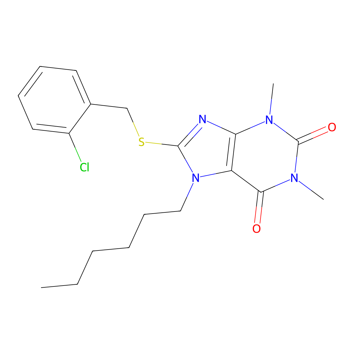 8-((2-chlorobenzyl)thio)-7-hexyl-1,3-dimethyl-1H-purine-2,6(3H,7H)-dione molecular structure, CAS 370869-92-4