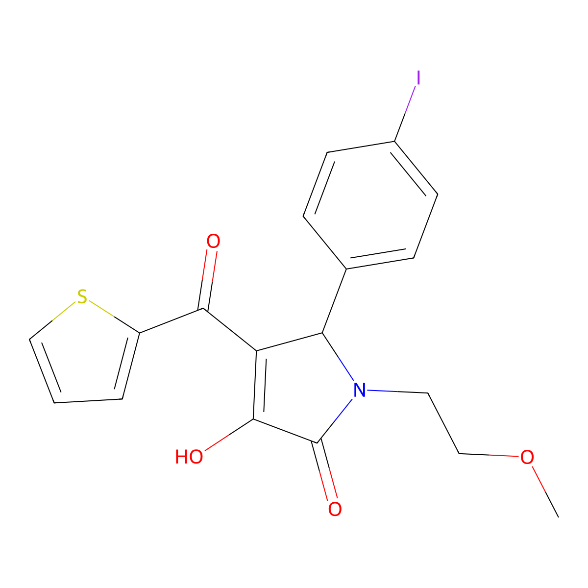 (4E)-4-[hydroxy(thiophen-2-yl)methylidene]-5-(4-iodophenyl)-1-(2-methoxyethyl)pyrrolidine-2,3-dione molecular structure, CAS 370870-25-0