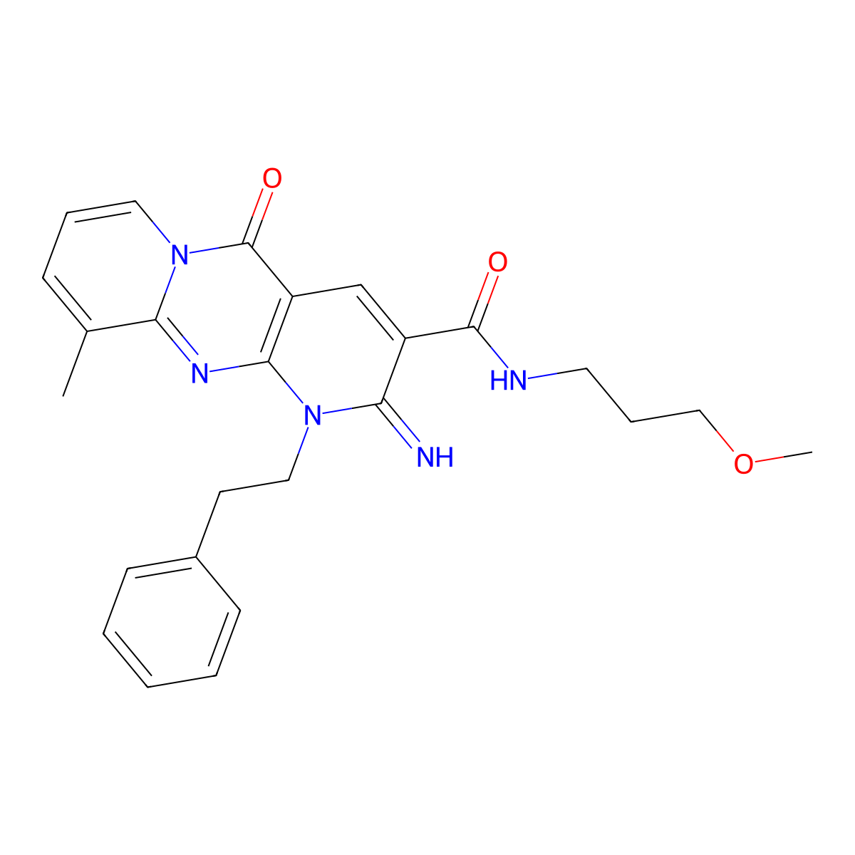 2-imino-N-(3-methoxypropyl)-10-methyl-5-oxo-1-(2-phenylethyl)-1,5-dihydro-2H-dipyrido[1,2-a:2,3-d]pyrimidine-3-carboxamide molecular structure, CAS 370870-50-1
