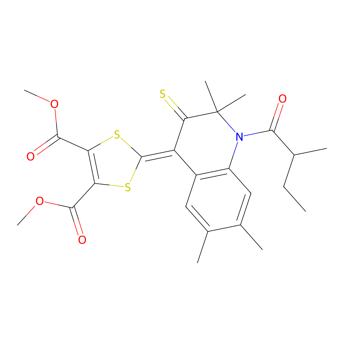 dimethyl 2-[2,2,6,7-tetramethyl-1-(2-methylbutanoyl)-3-thioxo-2,3-dihydroquinolin-4(1H)-ylidene]-1,3-dithiole-4,5-dicarboxylate molecular structure, CAS 370870-58-9