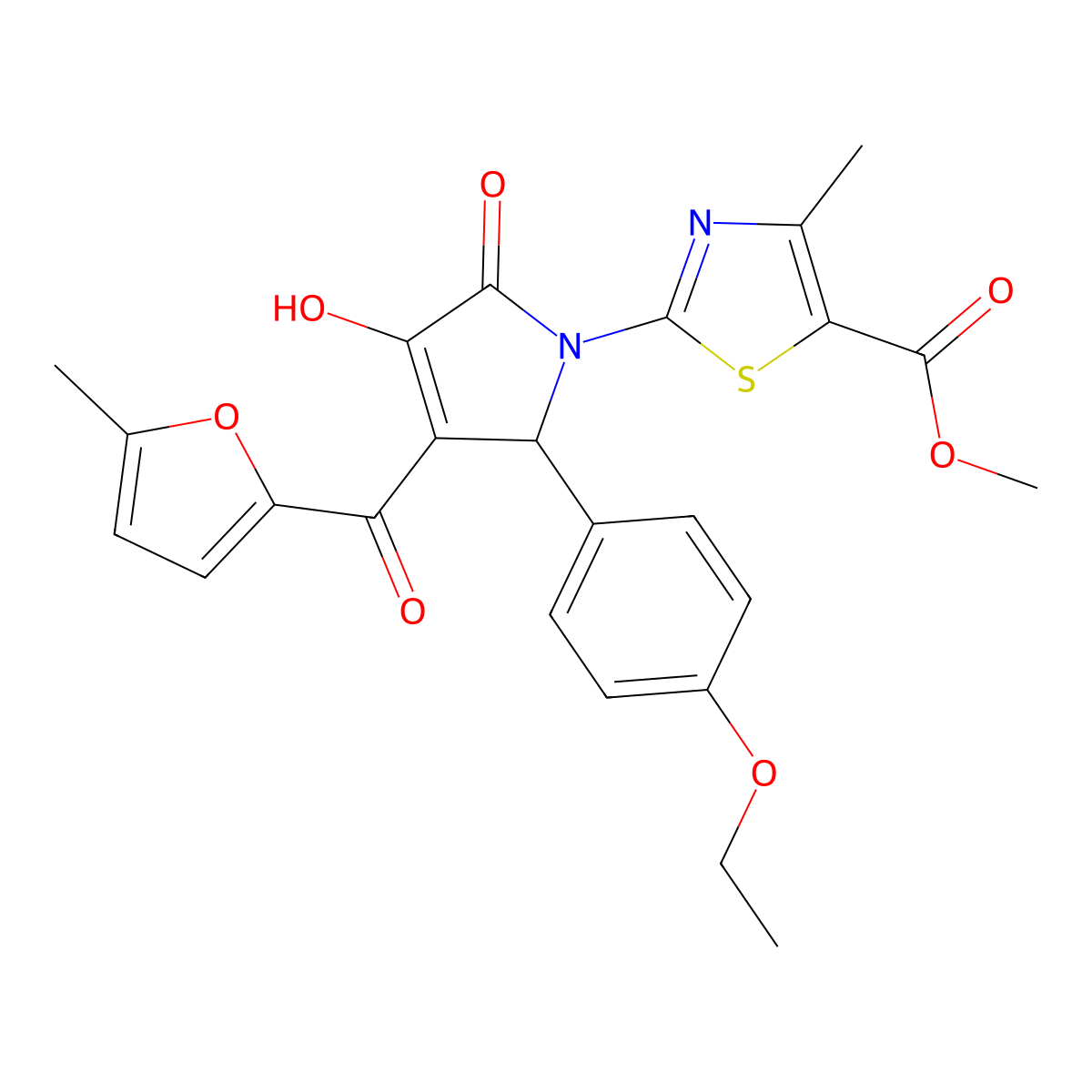 methyl 2-{(3E)-2-(4-ethoxyphenyl)-3-[hydroxy(5-methylfuran-2-yl)methylidene]-4,5-dioxopyrrolidin-1-yl}-4-methyl-1,3-thiazole-5-carboxylate molecular structure, CAS 370870-71-6