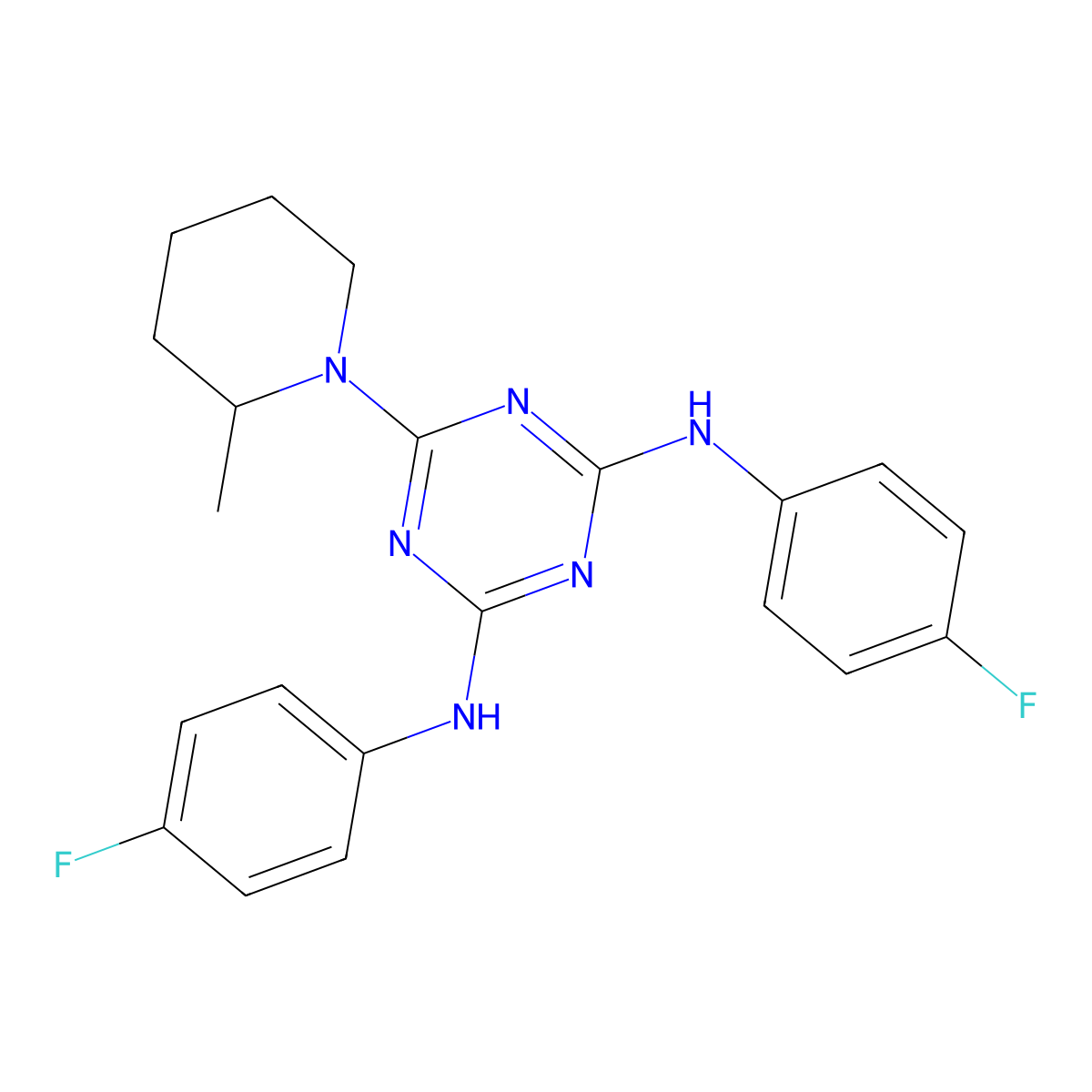 N,N'-bis(4-fluorophenyl)-6-(2-methylpiperidin-1-yl)-1,3,5-triazine-2,4-diamine molecular structure, CAS 370870-79-4