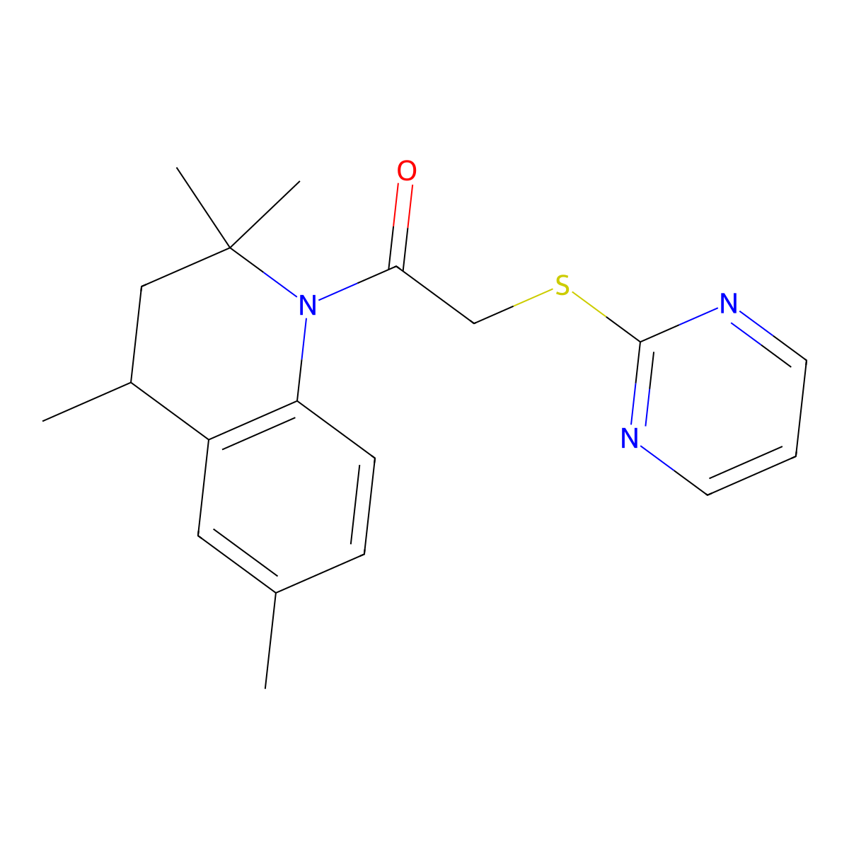 2-(pyrimidin-2-ylsulfanyl)-1-(2,2,4,6-tetramethyl-3,4-dihydroquinolin-1(2H)-yl)ethanone molecular structure, CAS 370870-85-2