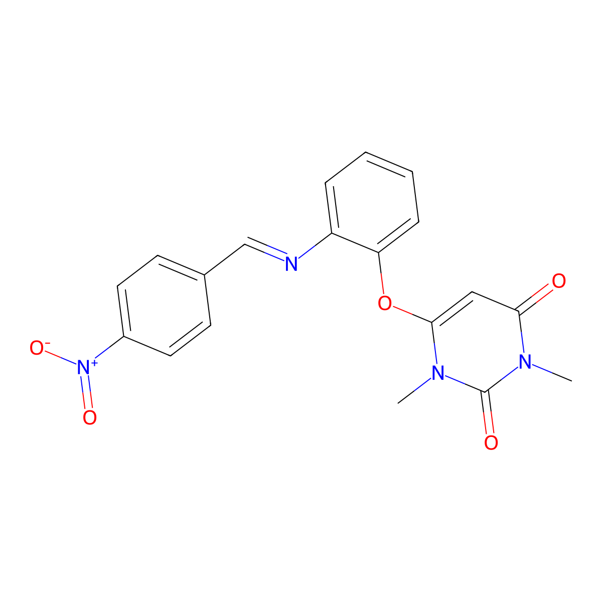 6-[2-({4-nitrobenzylidene}amino)phenoxy]-1,3-dimethyl-2,4(1H,3H)-pyrimidinedione molecular structure, CAS 370871-49-1