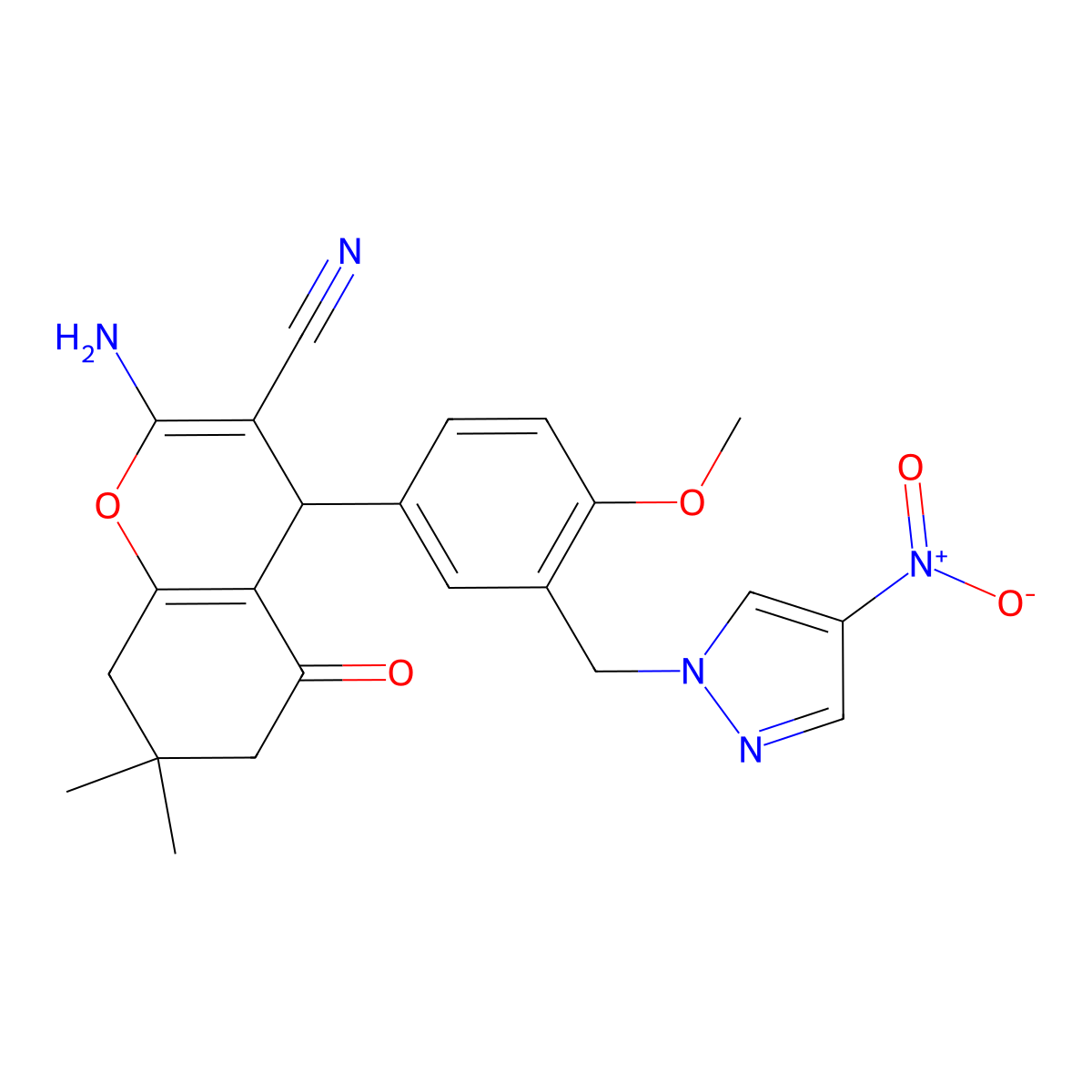2-amino-4-[4-methoxy-3-[(4-nitropyrazol-1-yl)methyl]phenyl]-7,7-dimethyl-5-oxo-6,8-dihydro-4H-chromene-3-carbonitrile molecular structure, CAS 370871-72-0