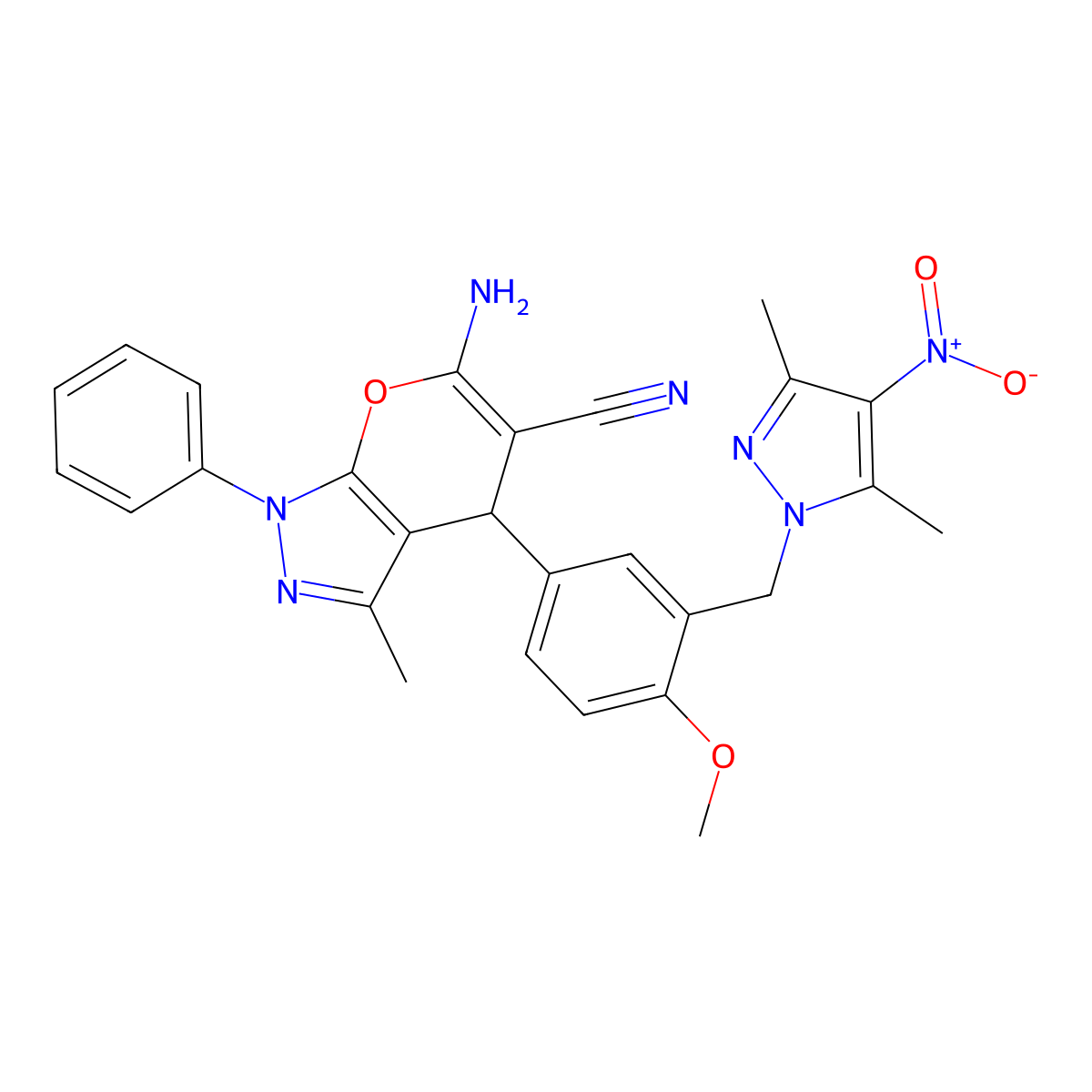 6-amino-4-[3-[(3,5-dimethyl-4-nitropyrazol-1-yl)methyl]-4-methoxyphenyl]-3-methyl-1-phenyl-4H-pyrano[2,3-c]pyrazole-5-carbonitrile molecular structure, CAS 370872-26-7